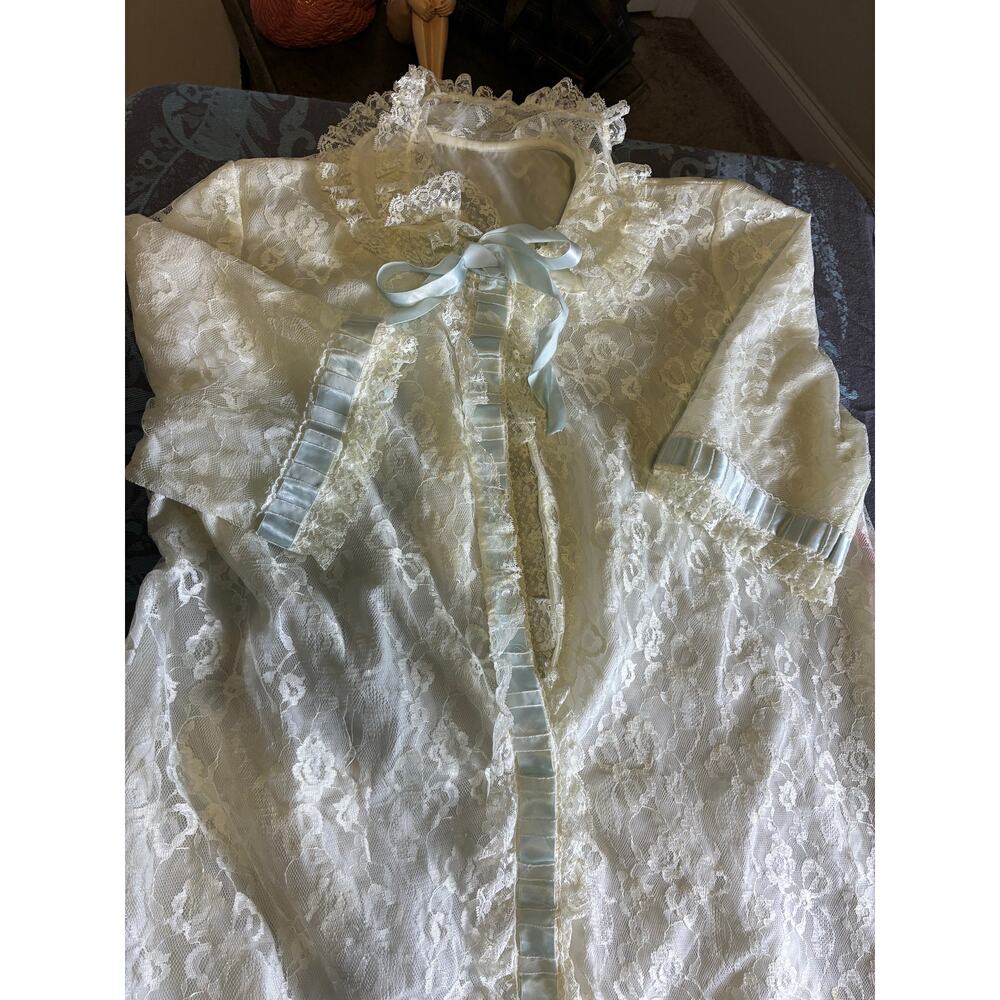 Vintage Sheer Lace Odette Barsa Lace Nightgown Robe Ivory Long  Gown L/XL
